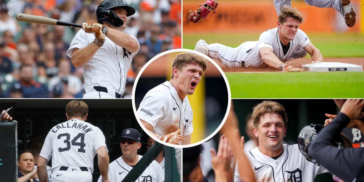 Brett Callahan makes an explosive first impression, driving a two-run triple on his first MLB pitch for Detroit