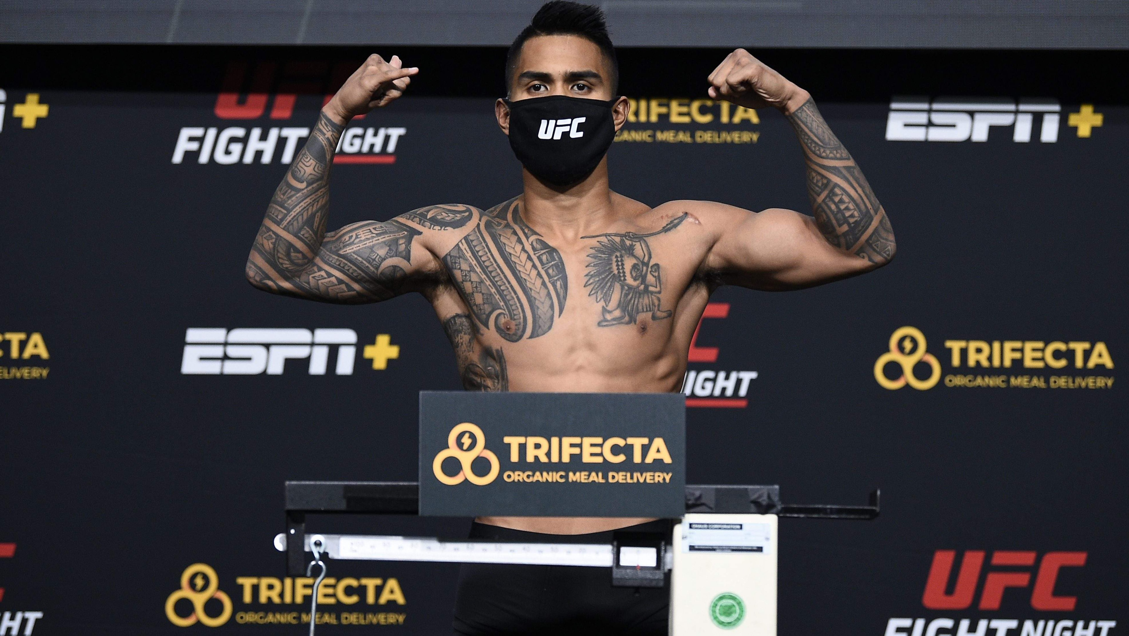 Kai Kamaka III reacts after head kick KO loss to Ande Fili at UFC Vegas 122