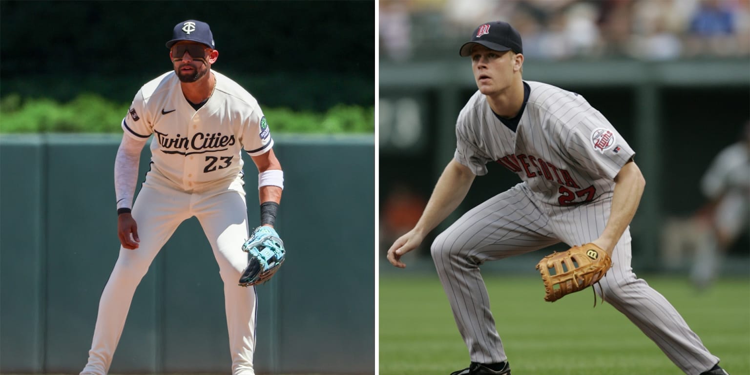 Royce Lewis gets a fast start on first base, with Justin Morneau as the guide