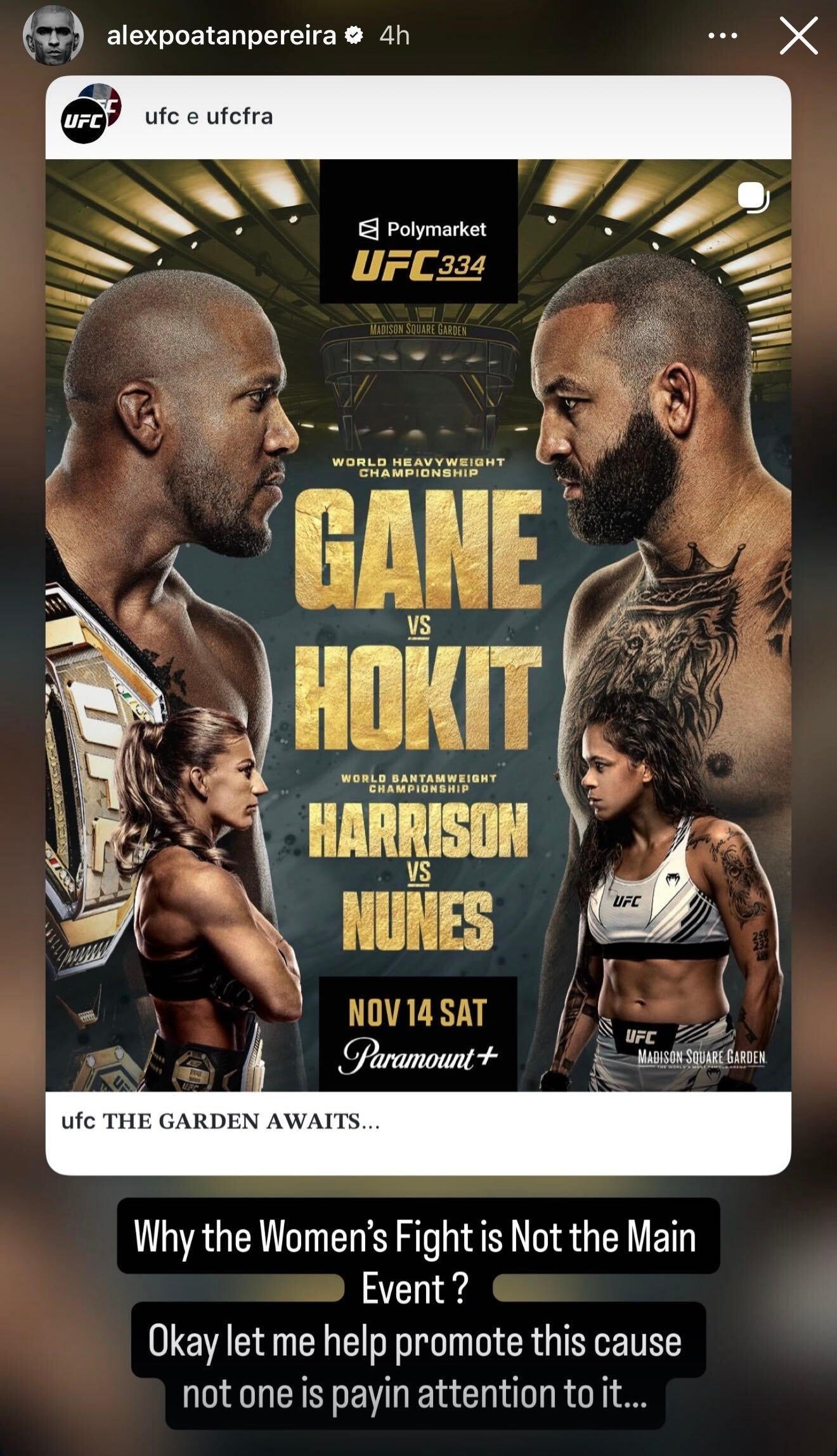 Alex Pereira challenges UFC 334’s top-billing decision, arguing a women’s bantamweight title super fight deserves the main event