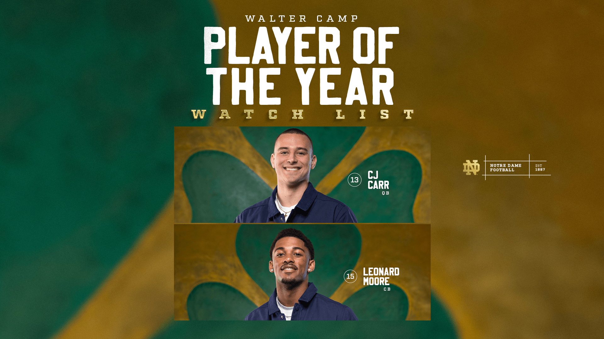 Notre Dame places CJ Carr (QB) and Leonard Moore (CB) on Maxwell Award watch list