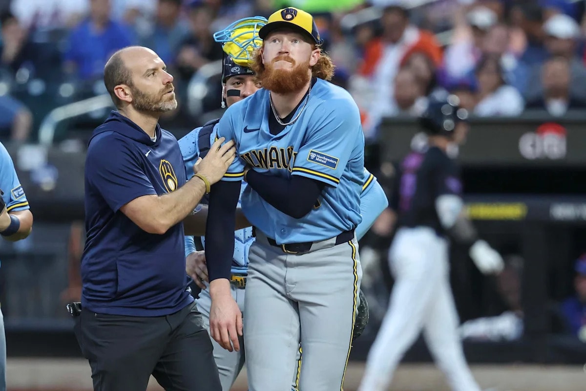 Brewers’ Dustin May is forced out after being struck by line drive in the first inning