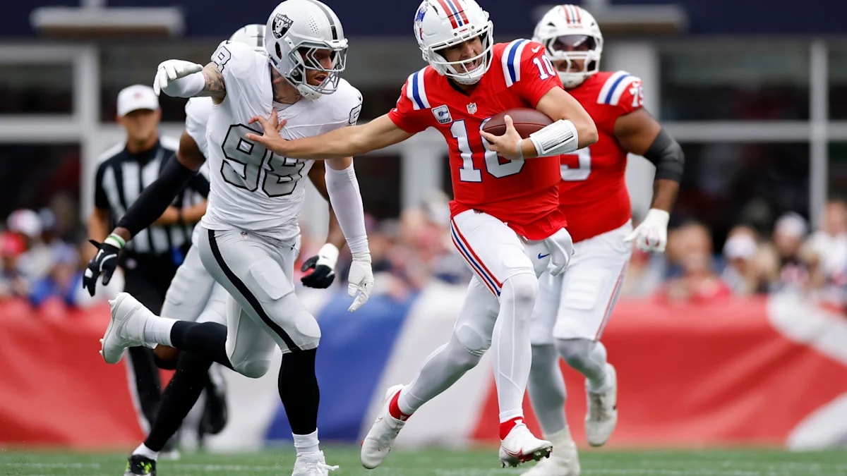 Reports of Drake Maye’s demise were exaggerated, Patriots lead Raiders 21-7 at halftime after 160-yard first half
