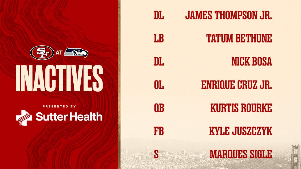 49ers finalize Week 5 inactives vs. Seahawks, with Mykel Williams and Upton Stout active