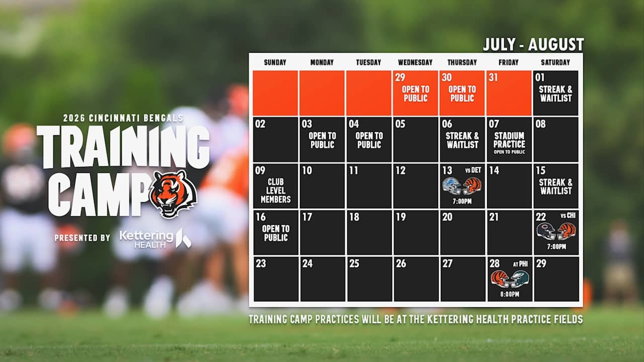 Bengals set 2026 training camp calendar, including a Friday night practice at Paycor Stadium