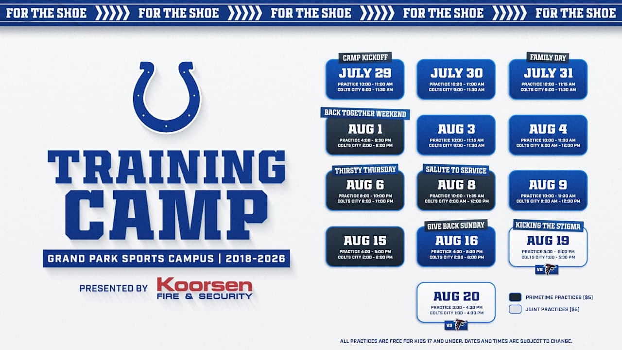 Colts’ 2026 Training Camp at Grand Park set to begin July 29, with 13 public practices
